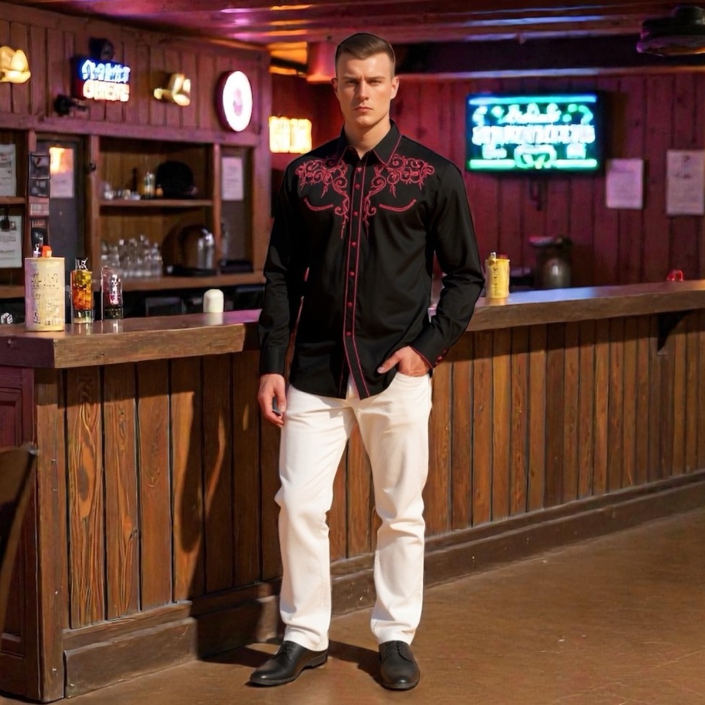 Western Black/Red Embroidered Men's long sleeve Shirt L Cowboy Rockabilly Rodeo